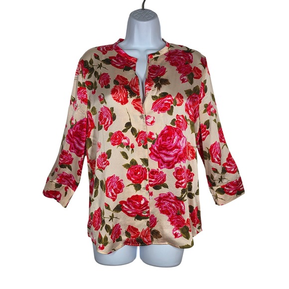 L'AGENCE Tops - L'AGENCE 100% Silk Pink Rose Floral Top Womens M Split Neck Champagne *AS IS*